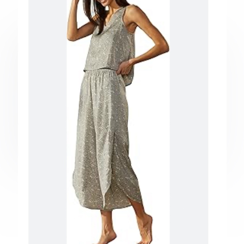 NEW UpWest Tulip Hem Satin Sleep Pant Sandy Print Sage Green/Cream Sz Small NWT - Picture 2 of 6